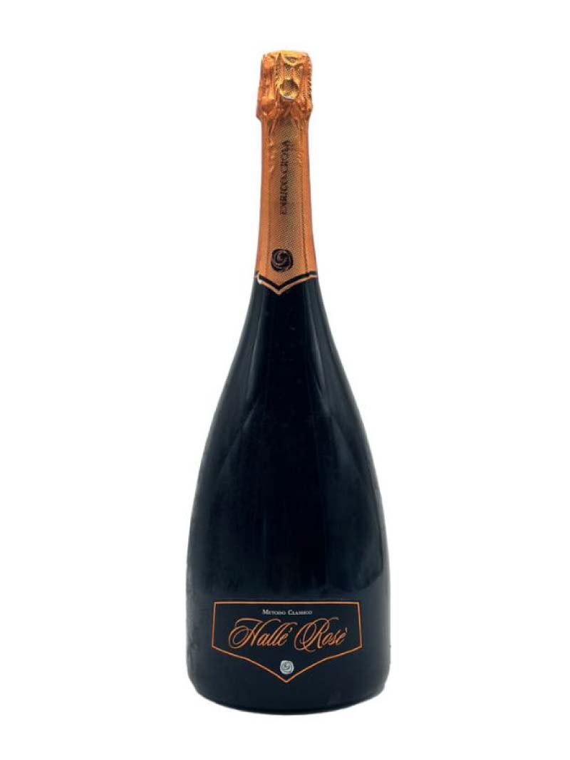 Bottle of Hallo Rose champagne with wooden capsule on a white background