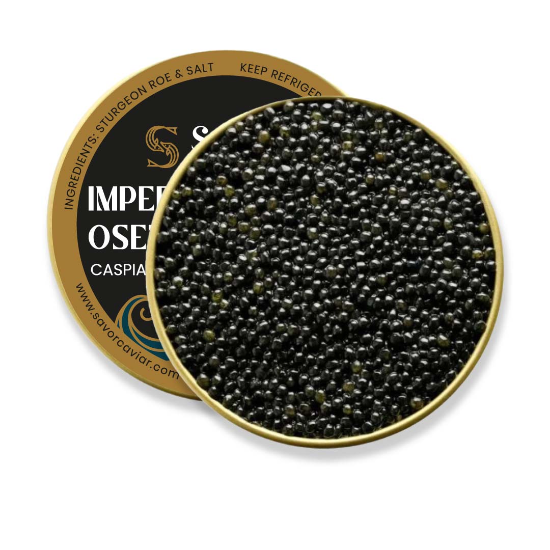 Caviar in a gold container with a black label on a white background #size_100g