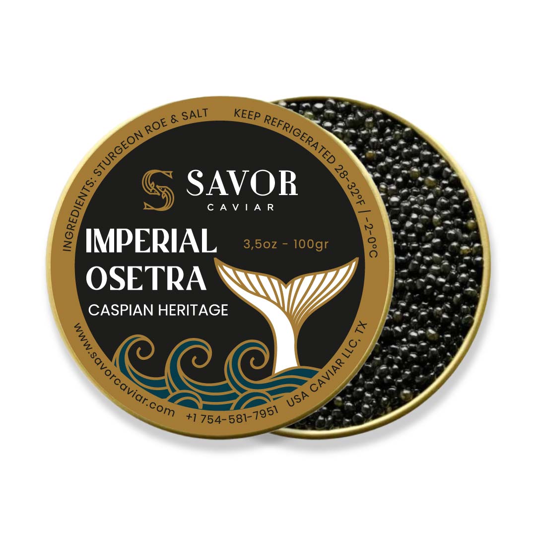 Savor Caviar Imperial Osetra packaging with caviar inside on a white background #size_100g