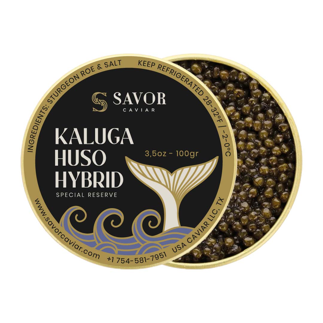 Savor Caviar Kaluga Huso Hybrid caviar in a gold and black container on a white background #size_100g