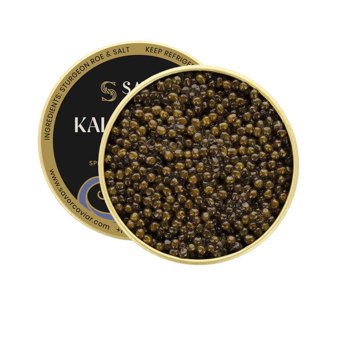 Gold container of caviar with black lid on a white background #size_28g