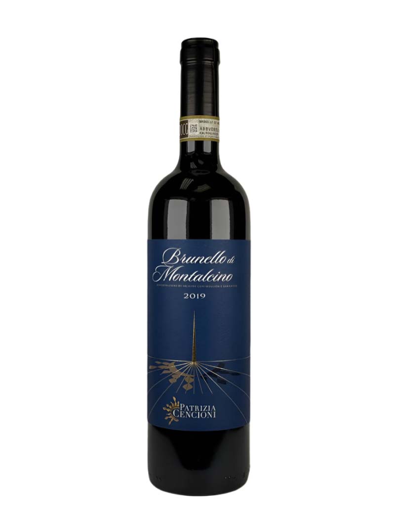 Brunello di Montalcino wine bottle with blue label on a white background