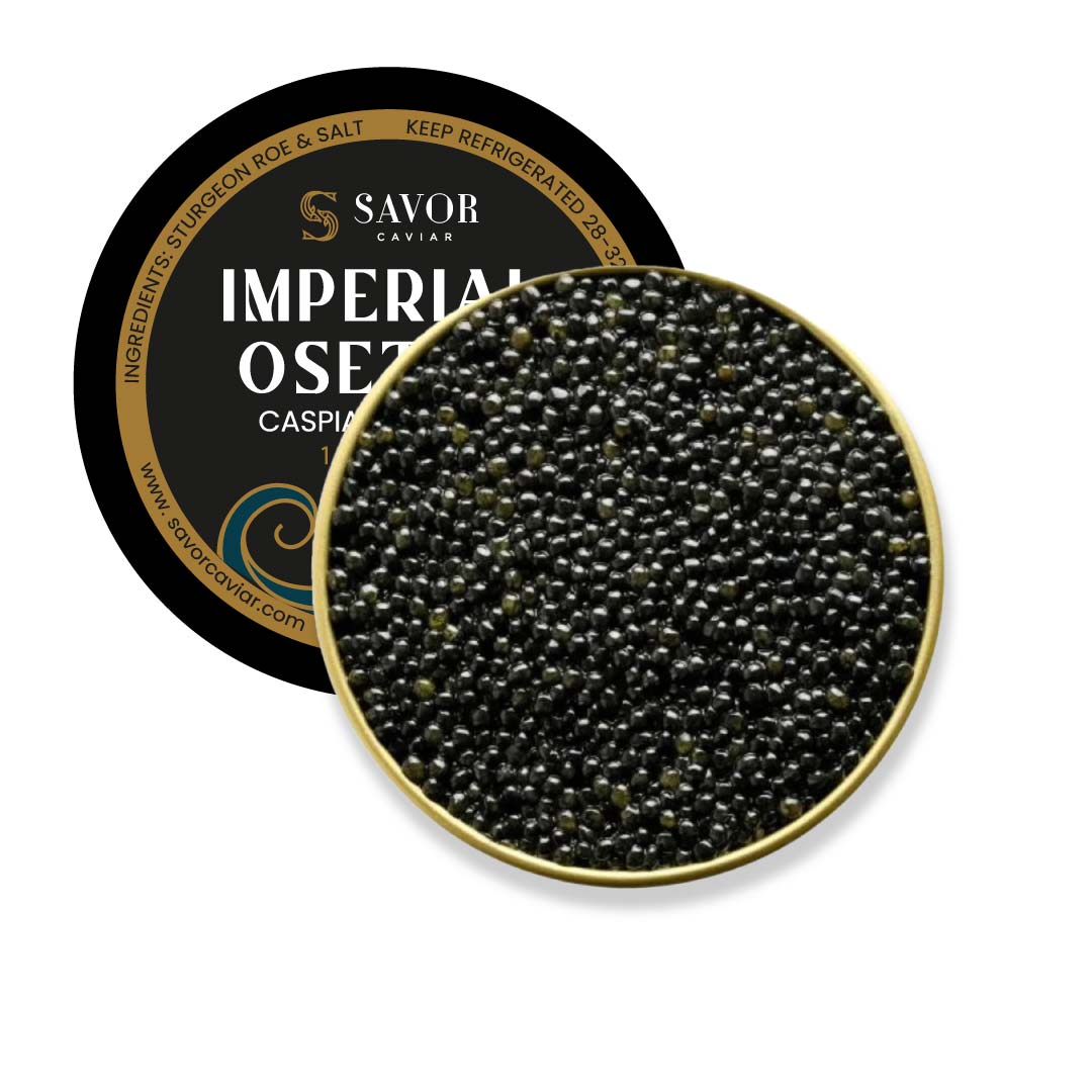 Savor Caviar Imperial Osetra caviar tin with black caviar inside on a white background #size_30g