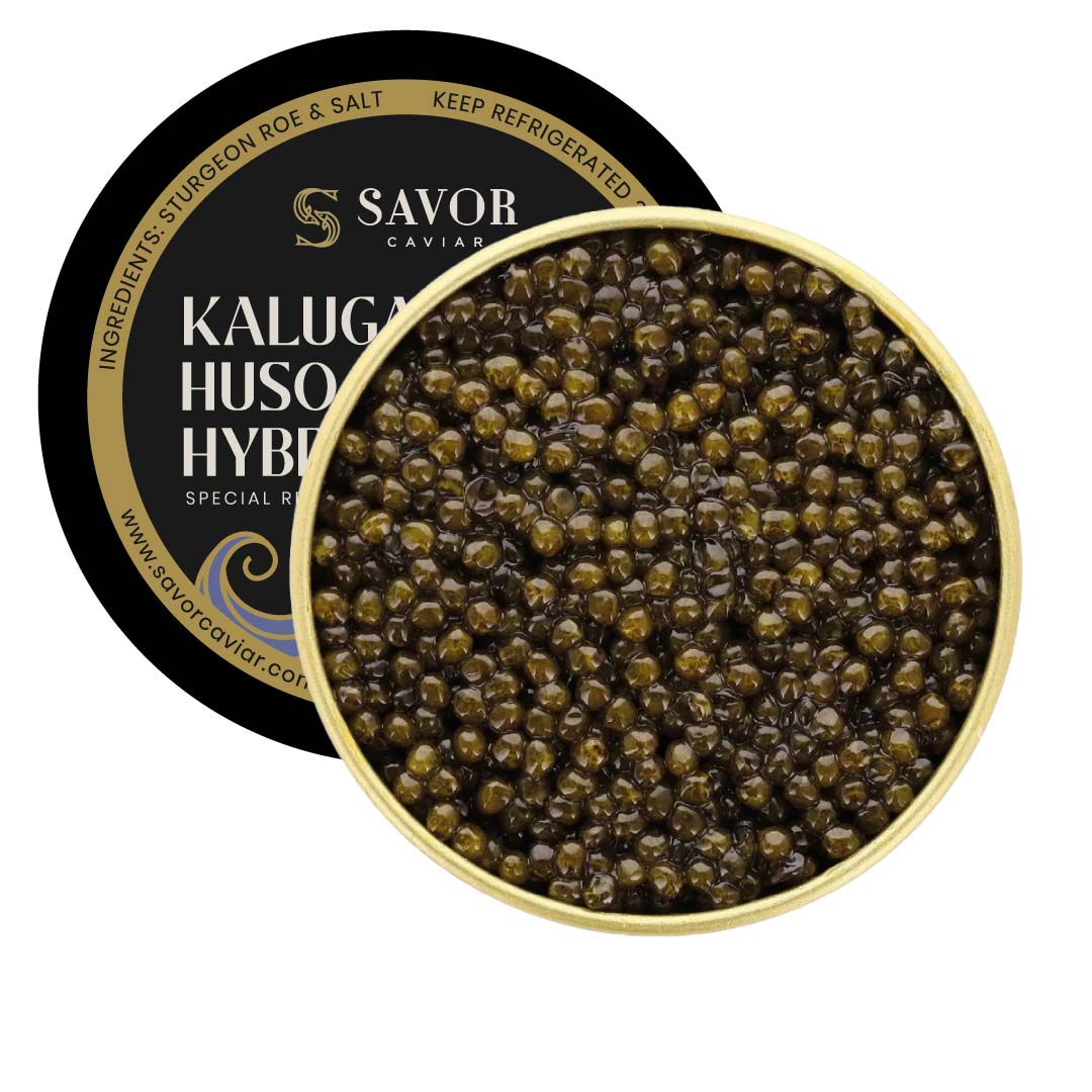 Savor Caviar Kaluga Huso Hybrid caviar in a gold and black container on a white background #size_125g
