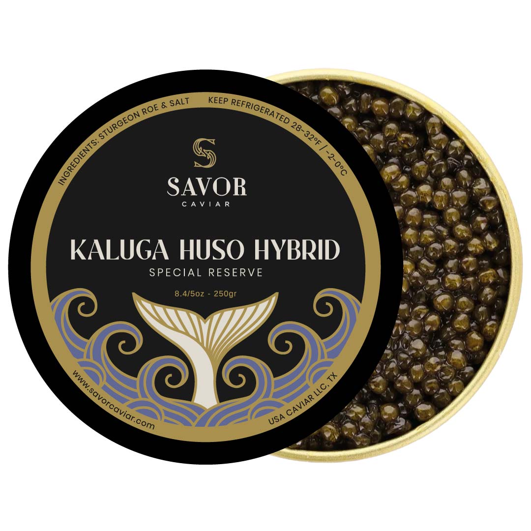 Savor Caviar Kaluga Huso Hybrid caviar in a decorative tin with a black label #size_250g