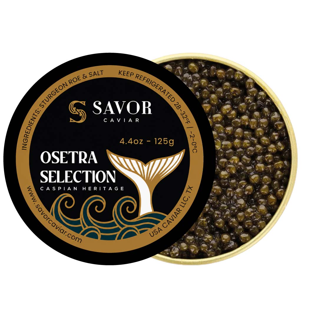 Savor Caviar Osetra Selection container with caviar inside on a white background #size_125g