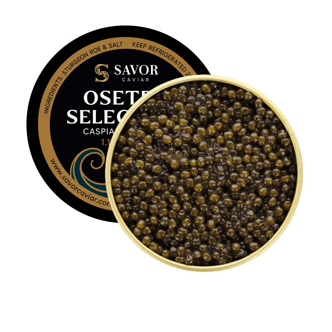 Savor Caviar Osetra Selection container with caviar inside on a white background #size_30g