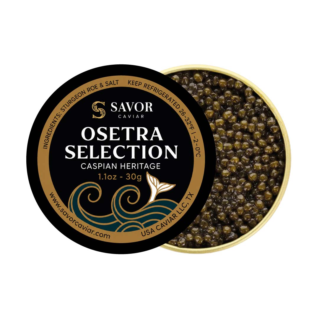 Savor Caviar Osetra Selection container with caviar inside on a white background #size_30g