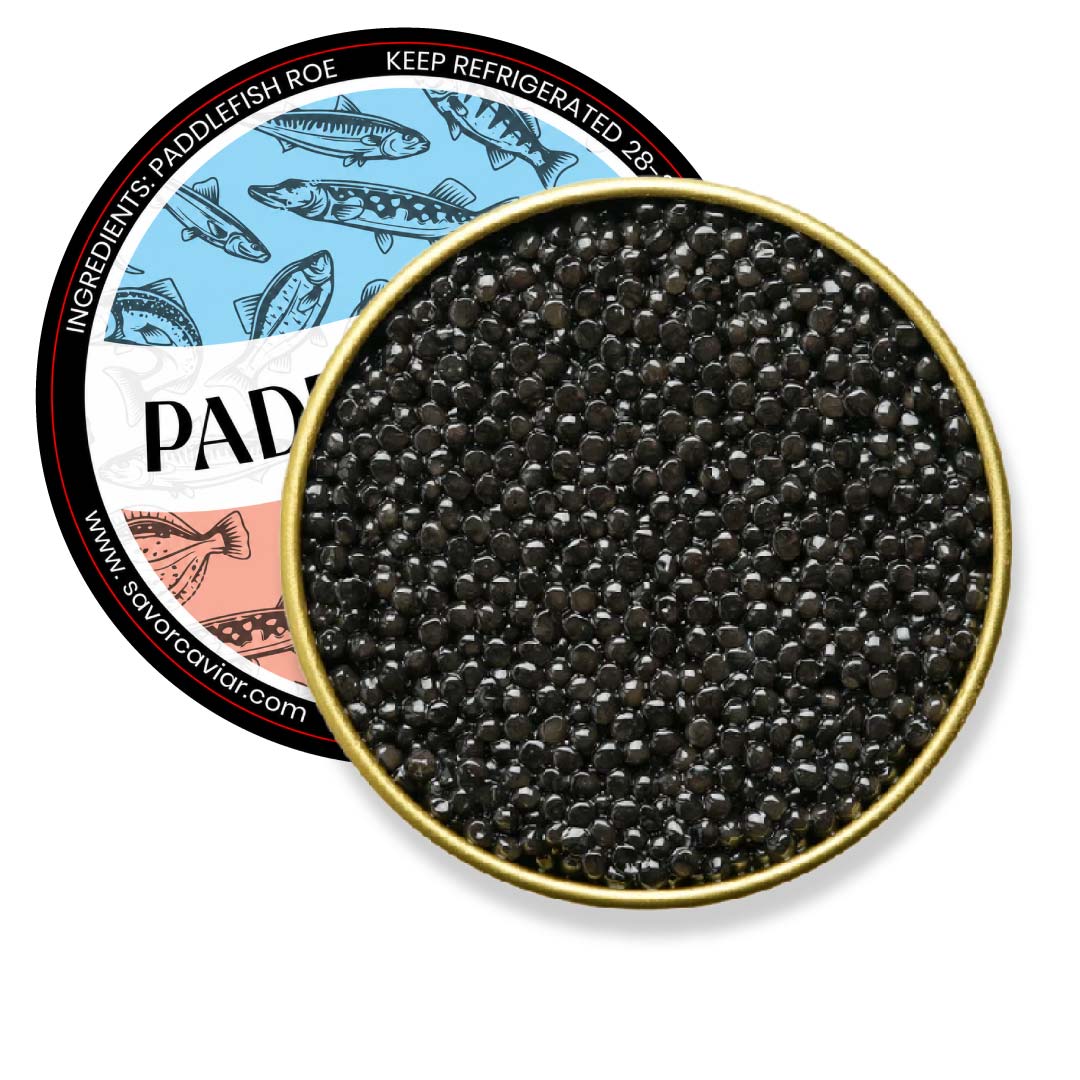 Caviar in a gold container with a paddlefish roe label on a white background