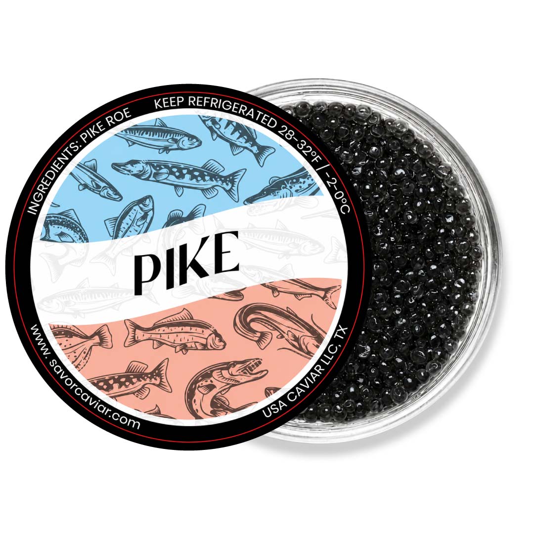 Container of pike caviar with decorative label on a white background