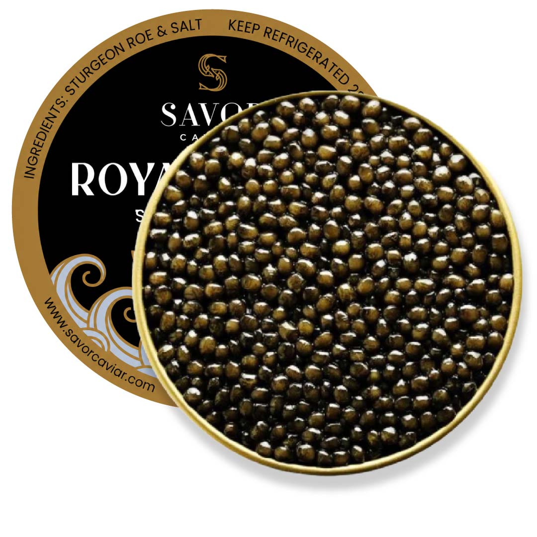 Open 250 g tin of Royal Baerii caviar featuring medium to large olive-brown Siberian sturgeon roe pearls alongside Savor Caviar black and gold product label on a light background. #size_250g