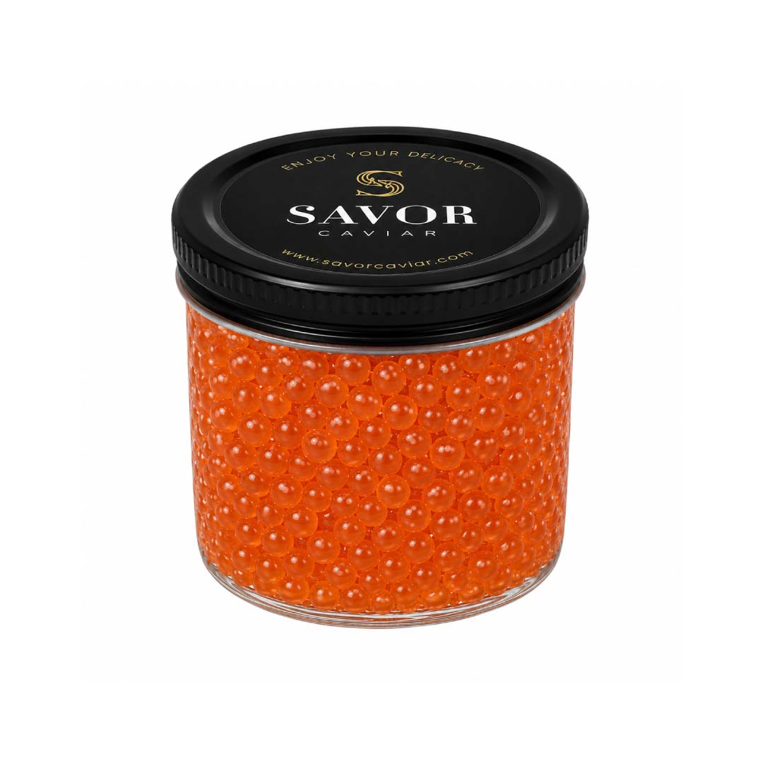 Jar of Savor Caviar on a white background