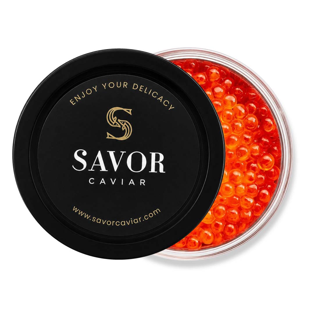Container of Savor Caviar with black lid on a white background