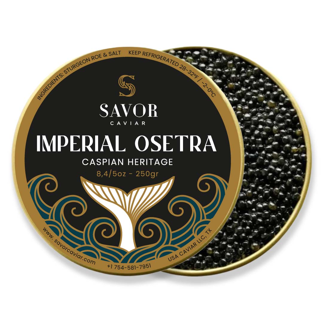 Savor Caviar Imperial Osetra caviar in a decorative tin on a white background #size_250g