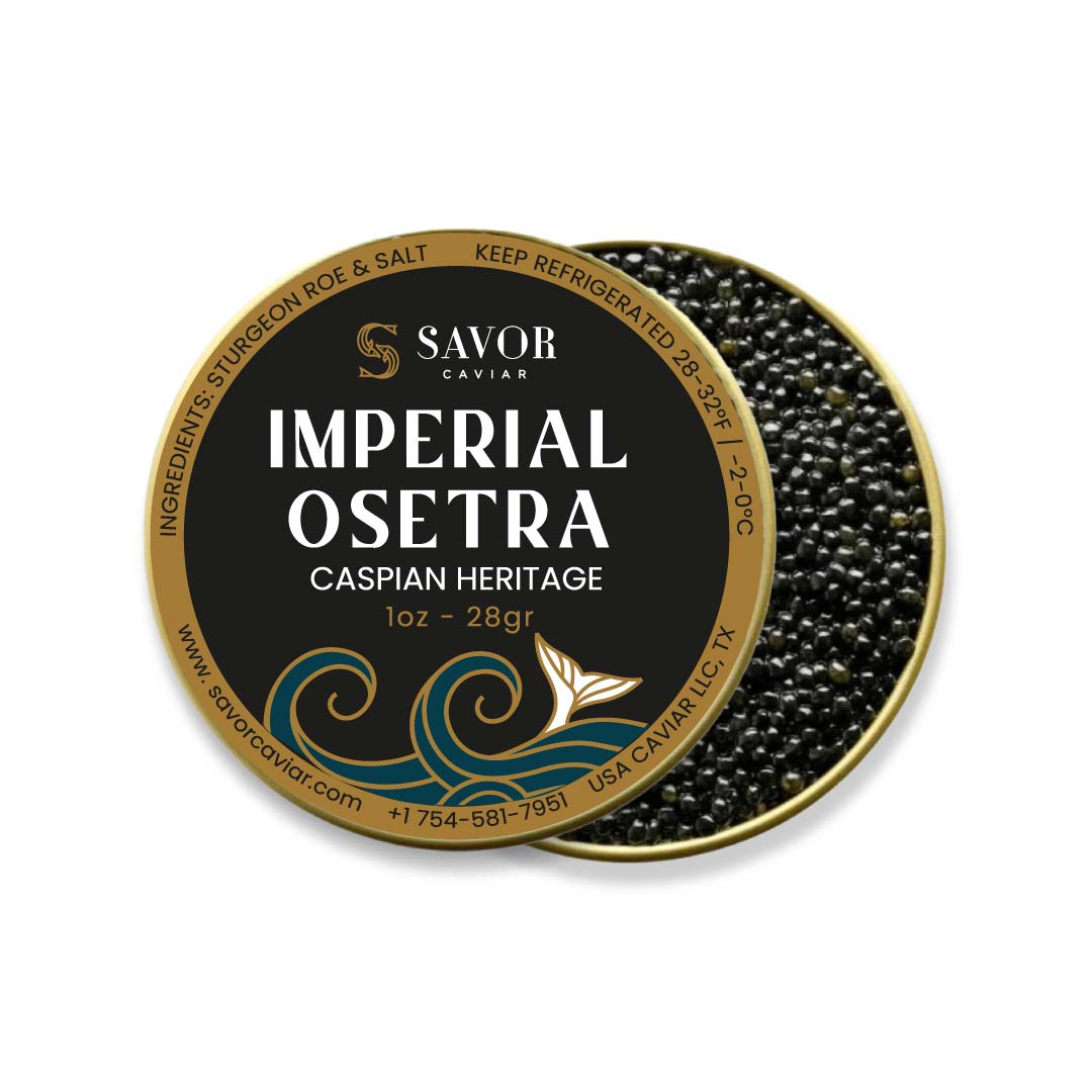 Savor Caviar Imperial Osetra caviar tin with black caviar inside on a white background #size_28g
