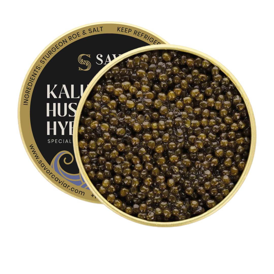 Open container of caviar with visible brand name on a white background #size_100g