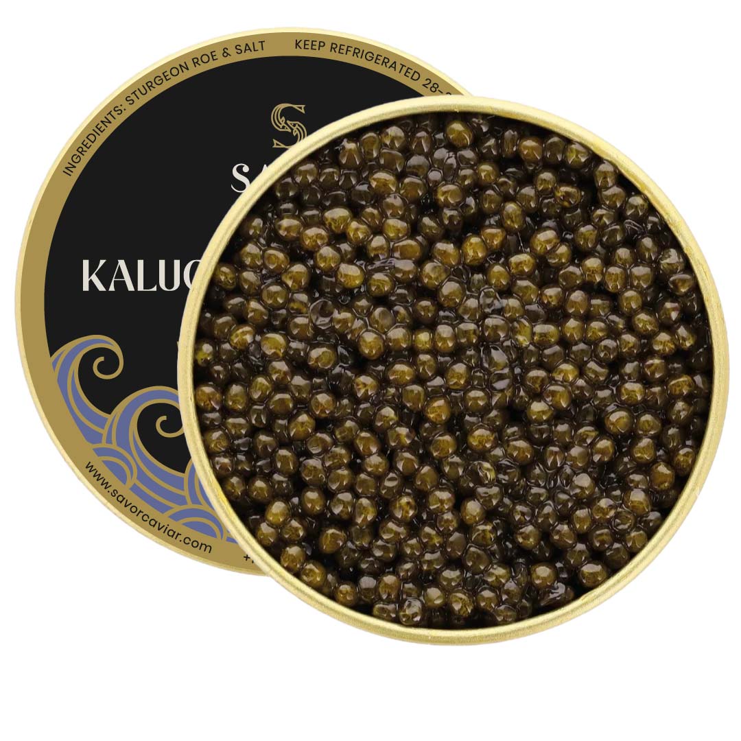 Open container of caviar with Kalugger brand label on a white background #size_250g
