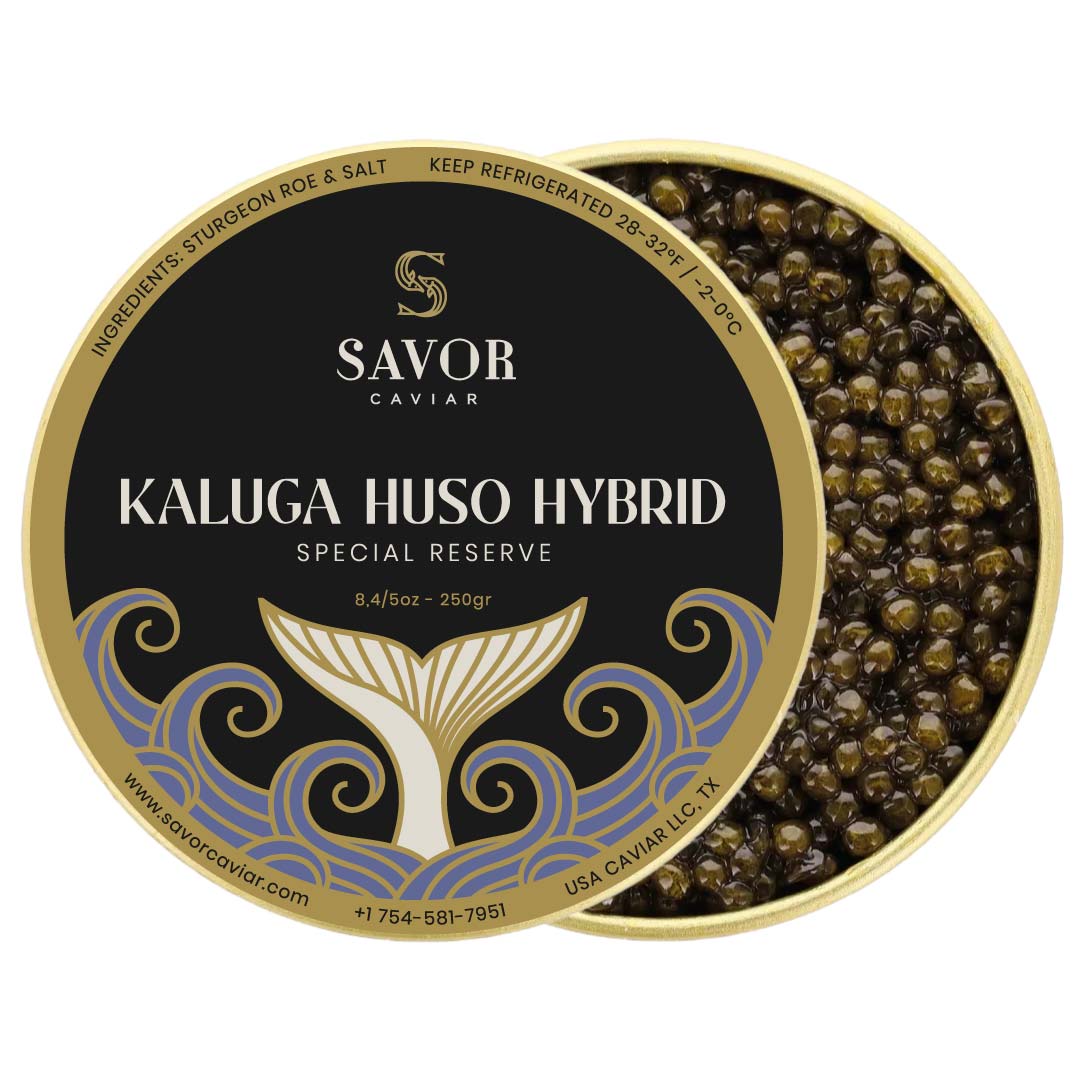 Savor Caviar Kaluga Huso Hybrid caviar in a decorative tin with a black label #size_250g