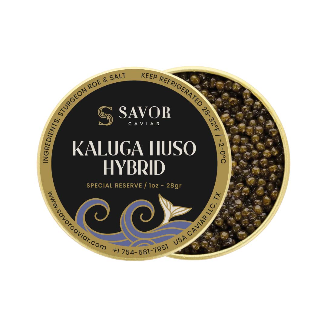 Savor Caviar Kaluga Huso Hybrid caviar in a gold and black container on a white background #size_28g