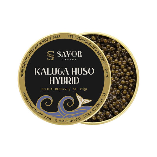 Savor Caviar Kaluga Huso Hybrid caviar in a gold and black container on a white background #size_28g