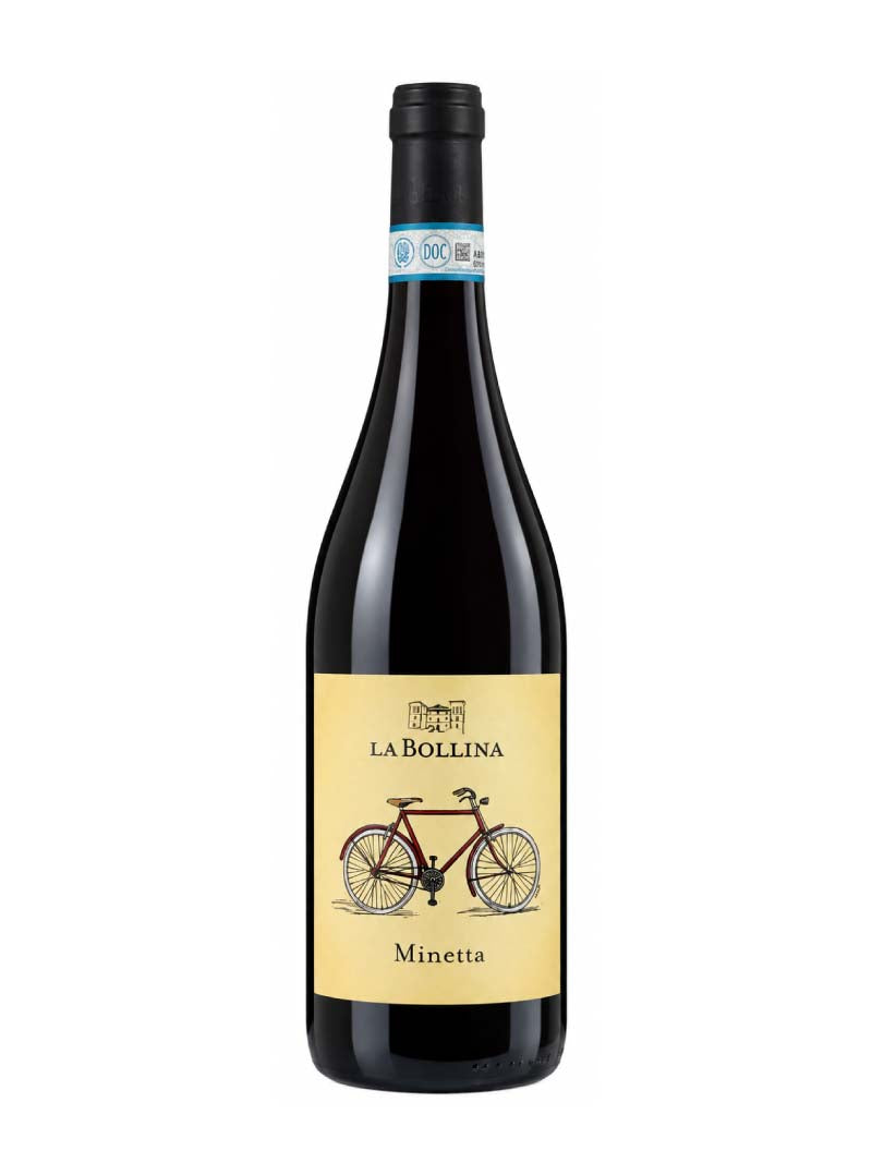La Bollina Minetta Piemonte DOC Barbera Italian red wine bottle with bicycle label