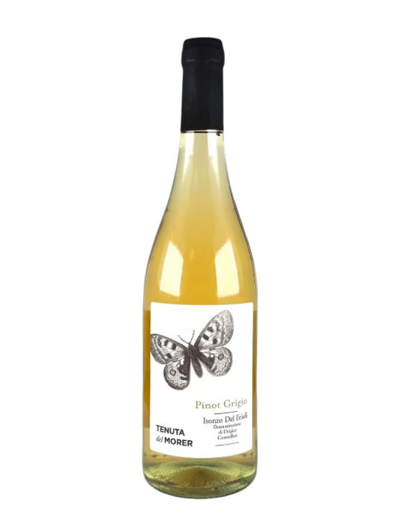 Wine bottle with a butterfly label on a white background