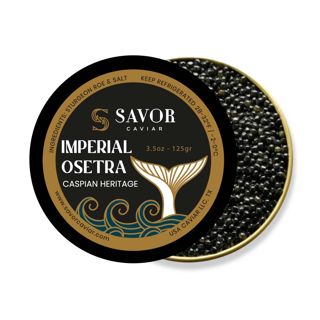 Savor Caviar Imperial Osetra packaging with caviar inside on a white background #size_125g