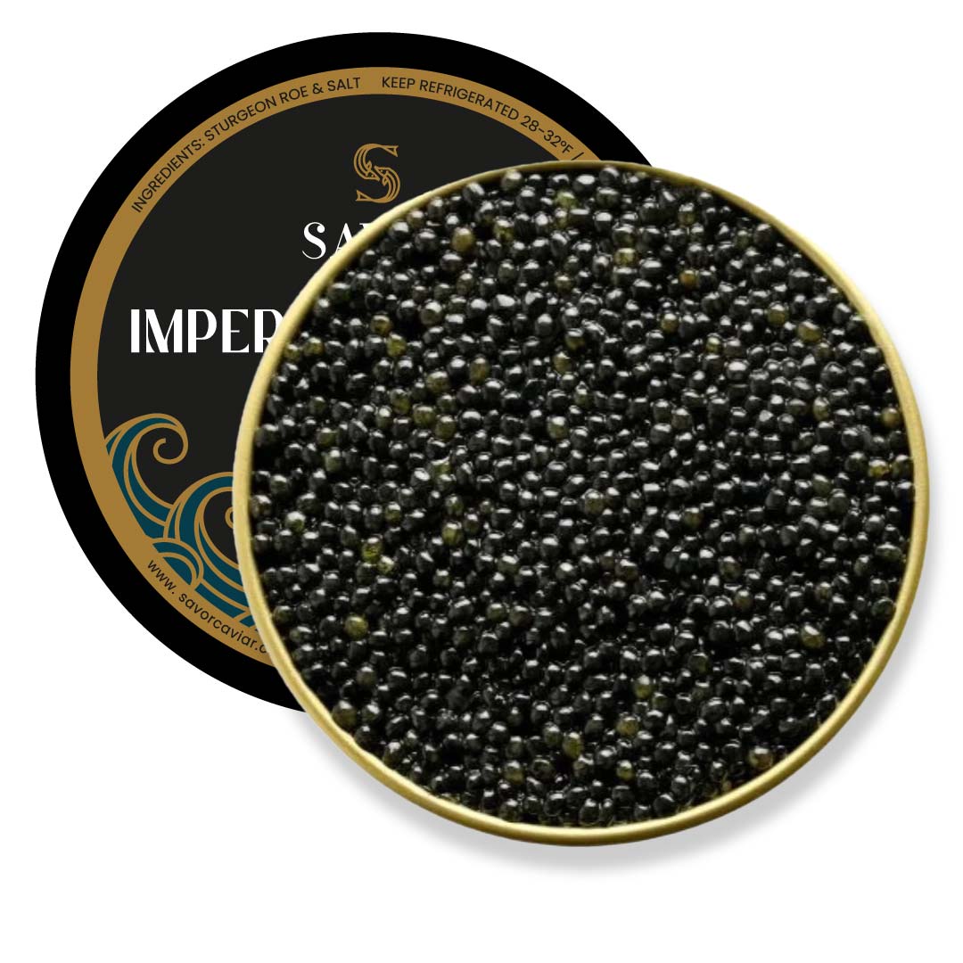 Savor Caviar Imperial Osetra caviar in a decorative tin on a white background #size_250g