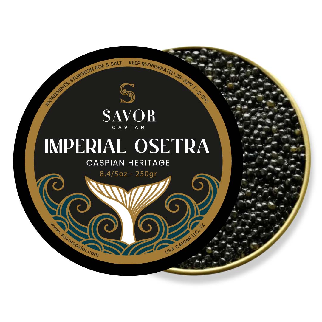 Savor Caviar Imperial Osetra caviar in a decorative tin on a white background #size_250g