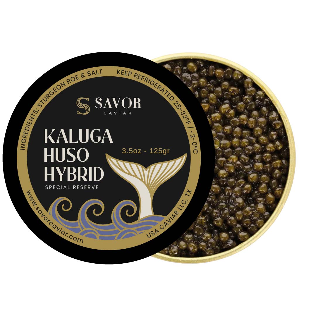 Savor Caviar Kaluga Huso Hybrid caviar in a gold and black container on a white background #size_125g