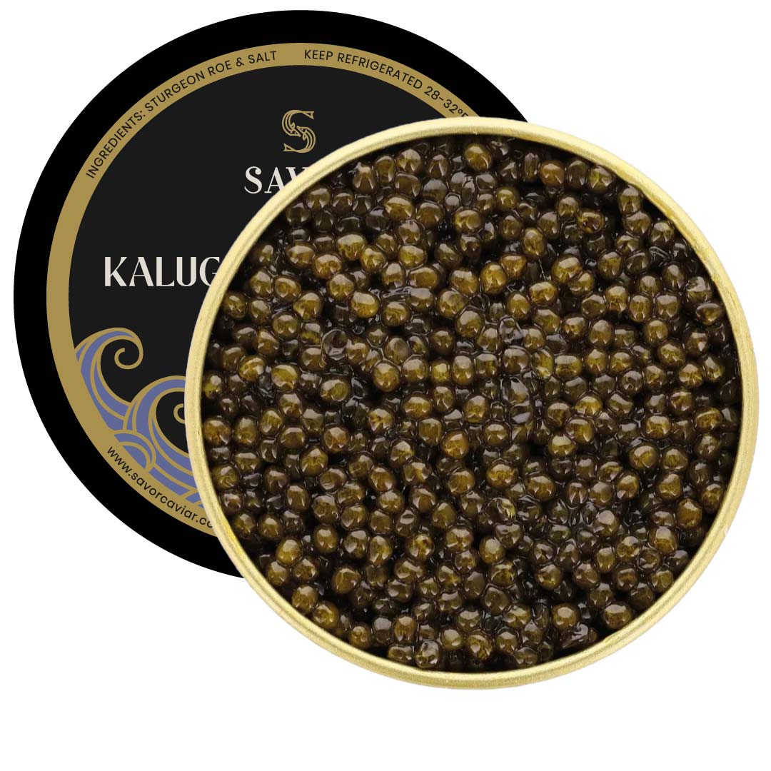 Savor Caviar Kaluga Huso Hybrid caviar in a decorative tin with a black label #size_250g