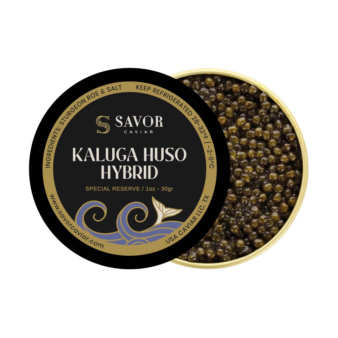 Savor Caviar Kaluga Huso Hybrid caviar in a gold and black container on a white background #size_30g