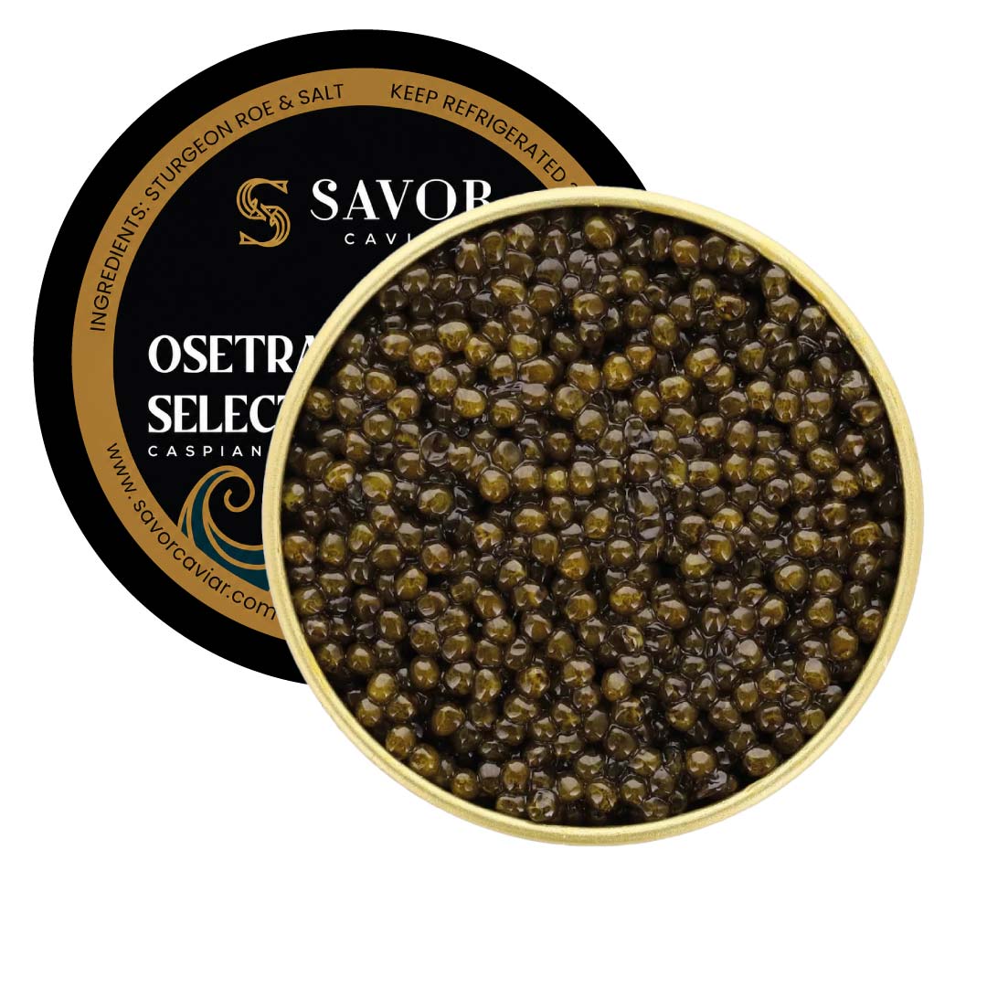 Savor Caviar Osetra Selection container with caviar inside on a white background #size_125g