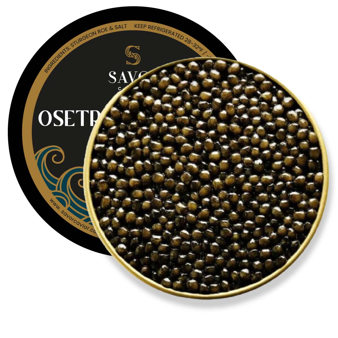 Savor Caviar Osetra Selection container with caviar inside on a white background #size_250g