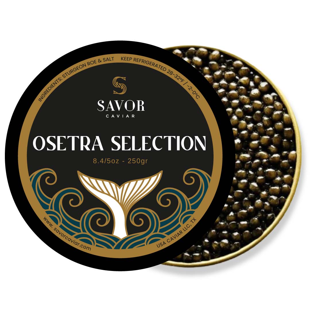 Savor Caviar Osetra Selection container with caviar inside on a white background #size_250g