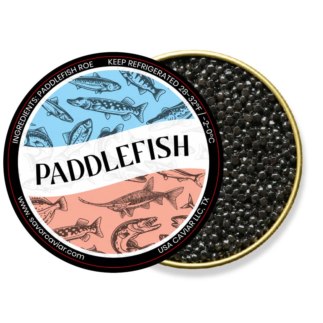 Tin of paddlefish caviar with decorative label on a white background