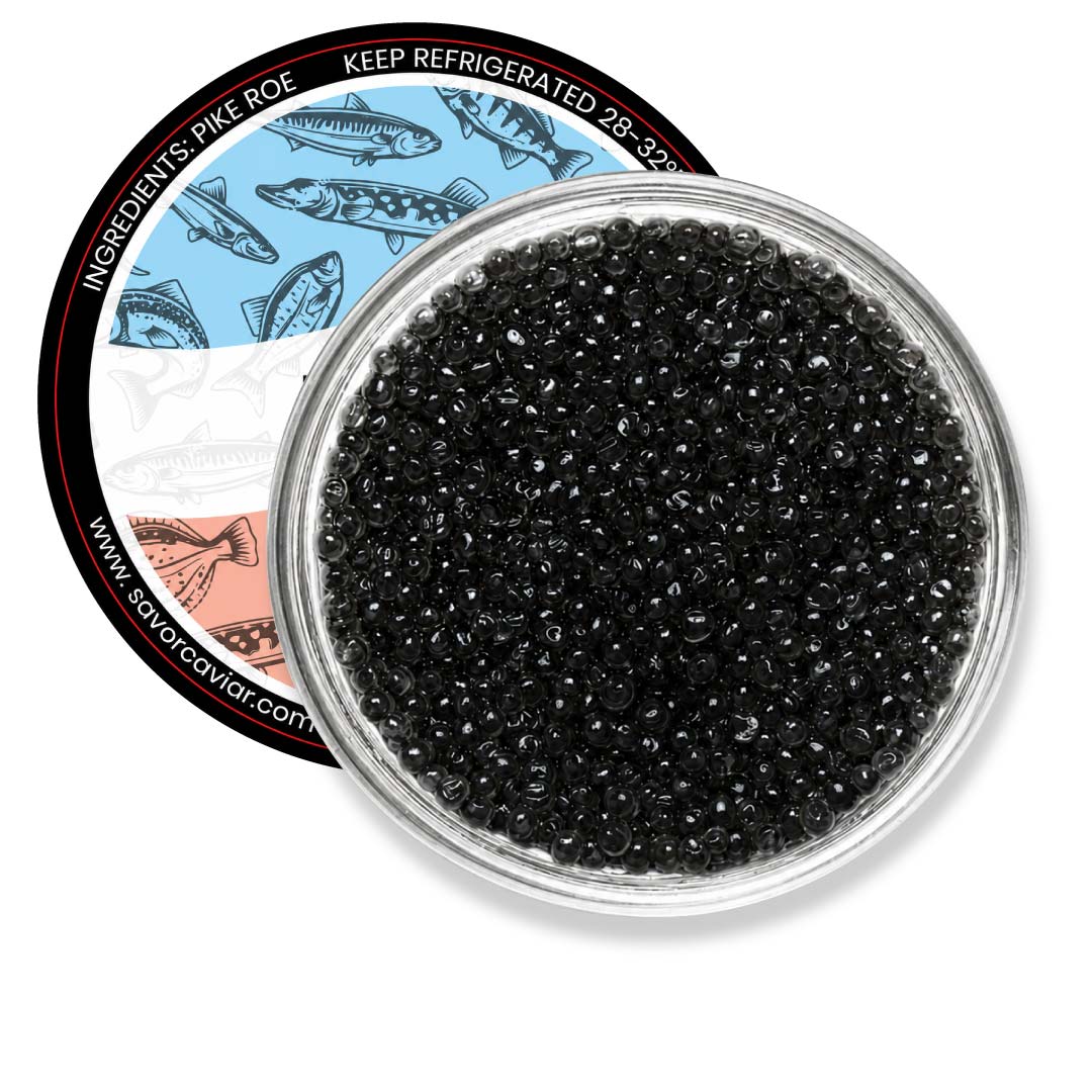 Jar of black caviar with a label on a white background