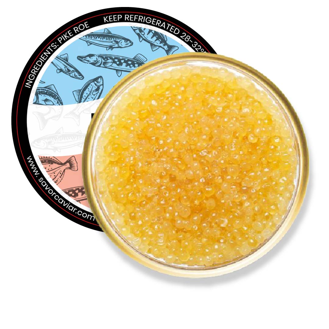 Jar of caviar with a label on a white background
