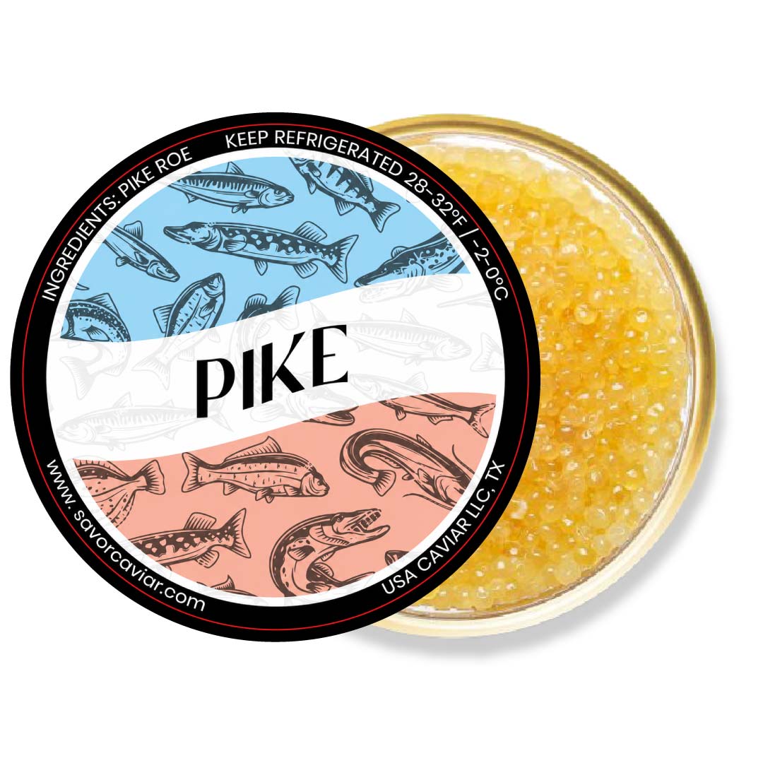 Jar of pike caviar with decorative label on a white background
