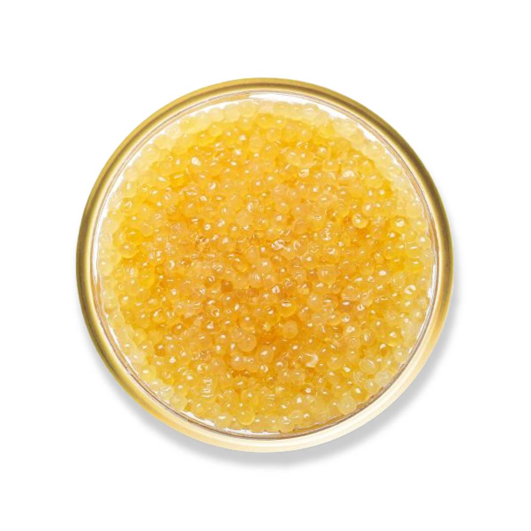 Close-up of a glass bowl filled with yellow caviar on a white background