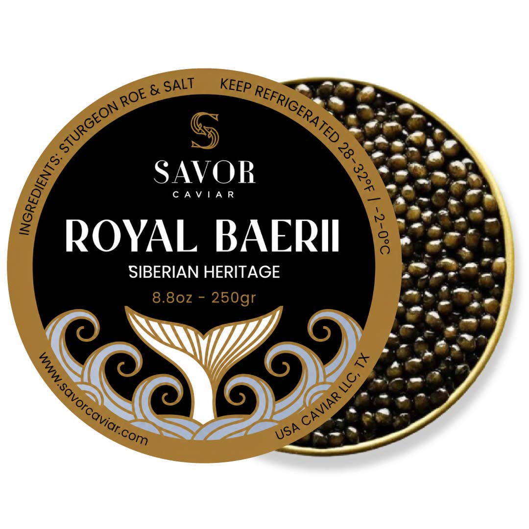 Open 250 g tin of Royal Baerii caviar featuring medium to large olive-brown Siberian sturgeon roe pearls alongside Savor Caviar black and gold product label on a light background. #size_250g
