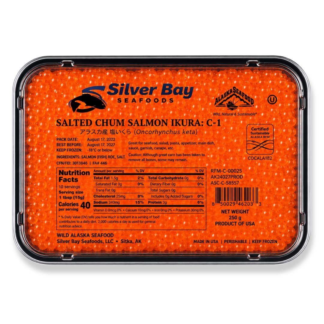 Silver Bay Seafoods salted chum salmon ikura packaging with label #size_250g