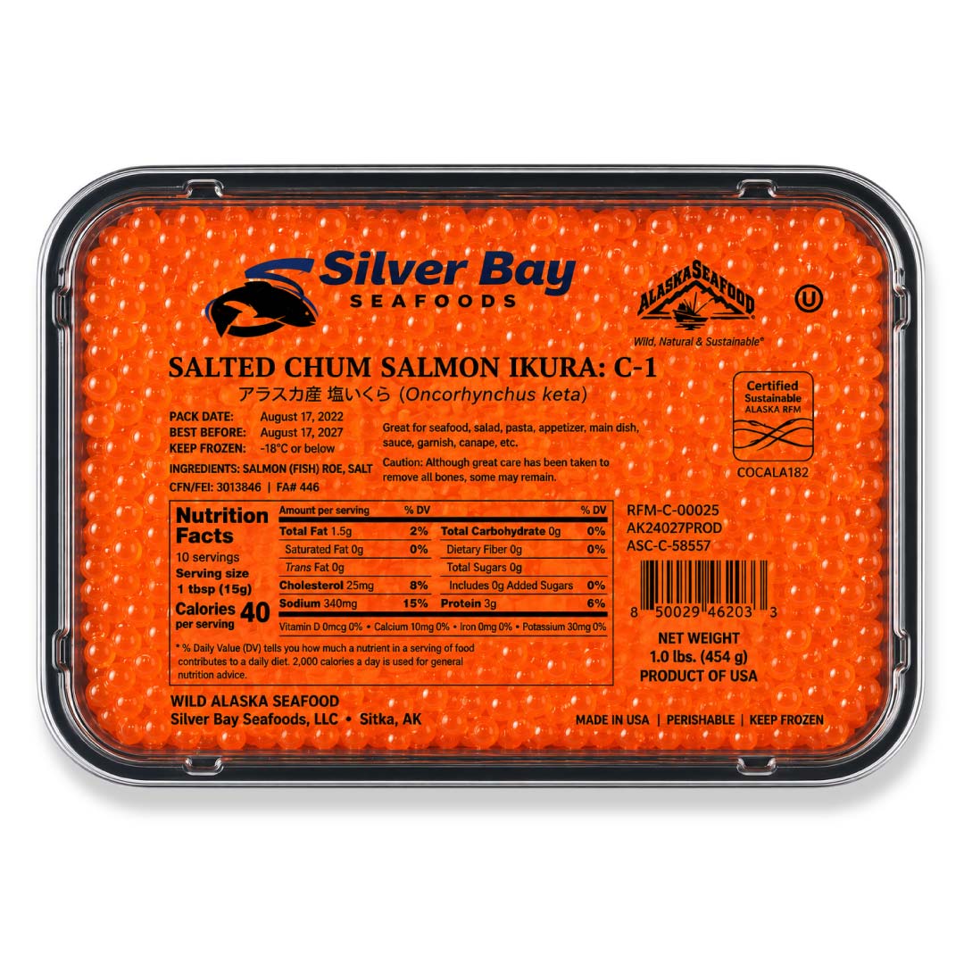 Packaged salted chum salmon ikura with Silver Bay Seafoods branding on an orange label. #size_454g