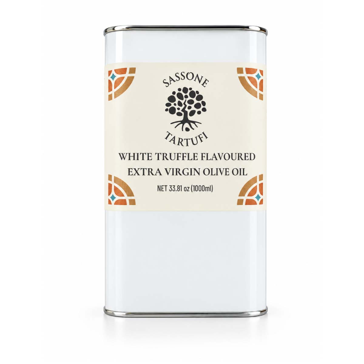 Sassone Tartufi white truffle flavored extra virgin olive oil can on a white background. #size_1 L